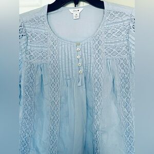 Light Blue Cotton Blouse W/ 3/4 Sleeve.  Crocheted throughout.  NWOT.  Size M